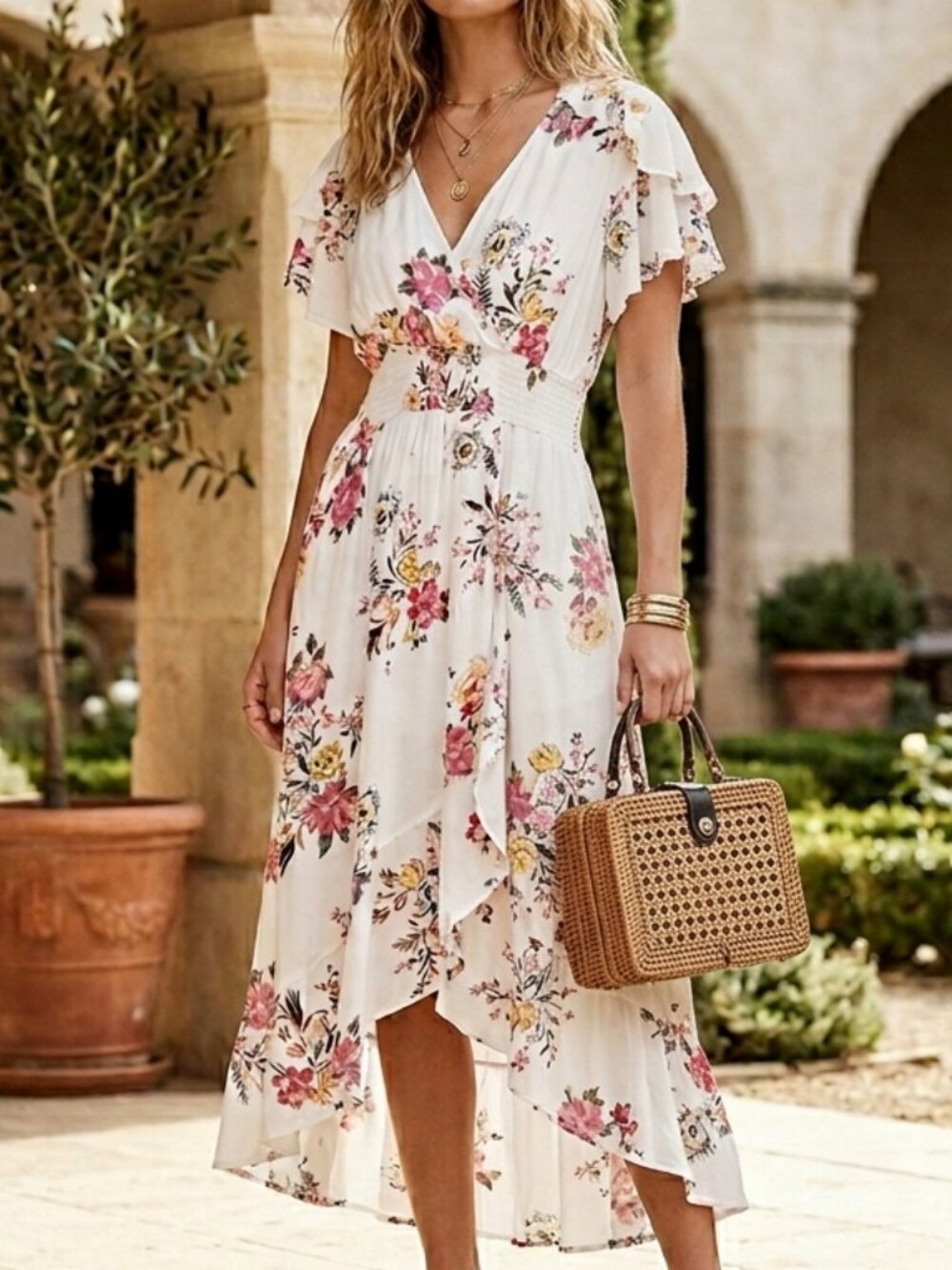 Floral Boho Midi Dress Romantic Flowy Cottagecore Dress Feminine Wrap Style